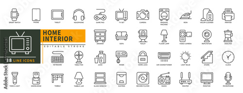Minimalist Home Interior line icons set with editable stroke, featuring smart watch, phone, tablet, handphone, game pad, tv set, camera, sofa, toilet, drawer, iron, printer. thin linear illustration.