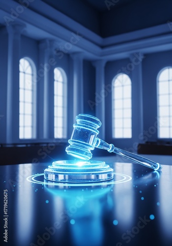 Futuristic Digital Judge Gavel in Courtroom with Neon Hologram Effect.