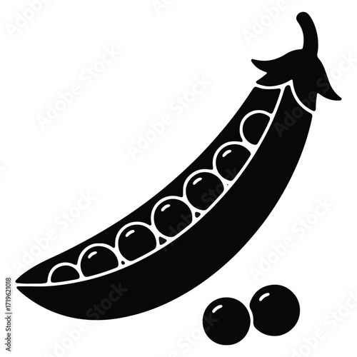 Black and white graphic illustration of pea pod with peas