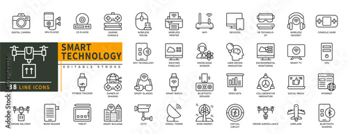 Minimalist Smart Tecnology line icons set with editable stroke, featuring gaming console, wireless mouse, nfc, wifi, knowledge worker, vr, cpu, smart tv, internet, social. thin linear illustration.
