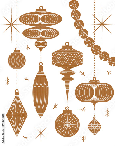 Christmas tree art deco toys in different shapes and forms in vintage style drawing in beige theme on white background