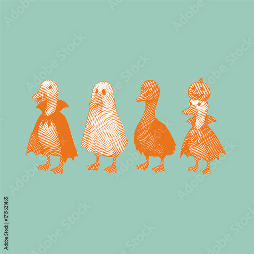 Halloween silly goose, halloween illustration, halloween vector, witch line drawing vintage style.