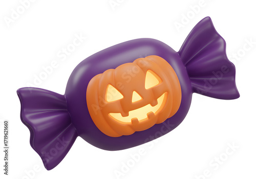 Isolated 3D Halloween Candy with Jack-o'-Lantern Face on Purple Wrapper