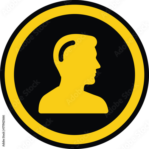 Yellow silhouette of a person s head and shoulders in a black circle