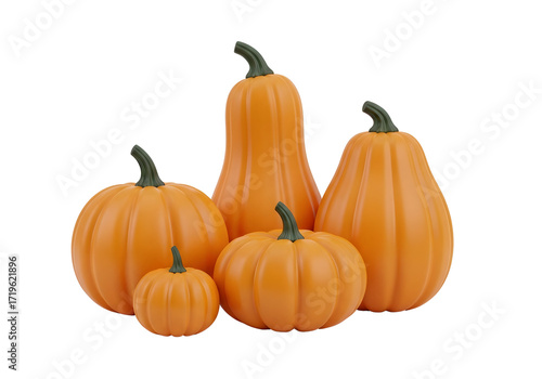 Autumn Harvest: Five Orange Pumpkins of Various Shapes and Sizes Isolated on White Background