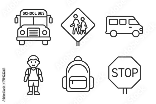 School transportation and safety icons: bus, van, backpack, stop sign, children crossing