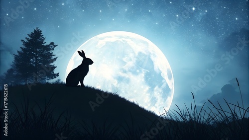 A rabbit on a hilltop at night, full moon rising behind it, dramatic silhouette against a starry sky, ethereal soft blue glow, peaceful and minimalist wallpaper scene.