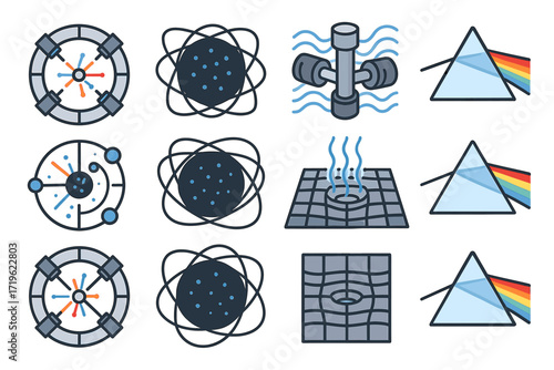 Physics icons: atomic, prism, black hole, gravitational wave symbols
