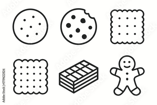 Set of simple cookie and biscuit icons including gingerbread and wafer designs