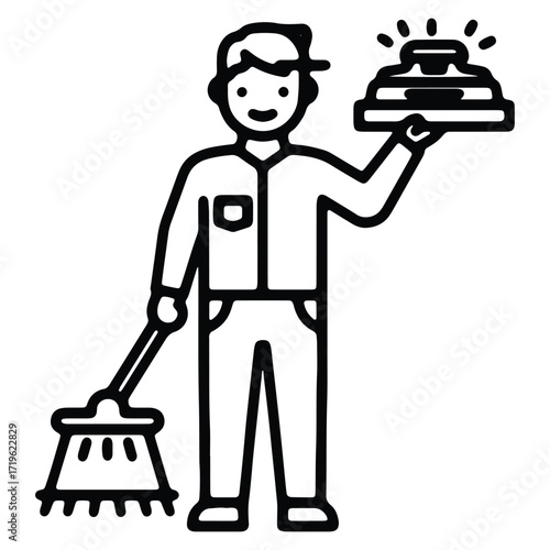 Cleaning service worker holding broom and service bell outlined illustration