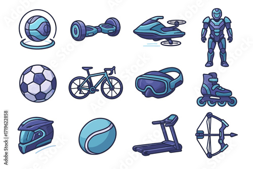 Collection of sports and recreation equipment icons in blue tones