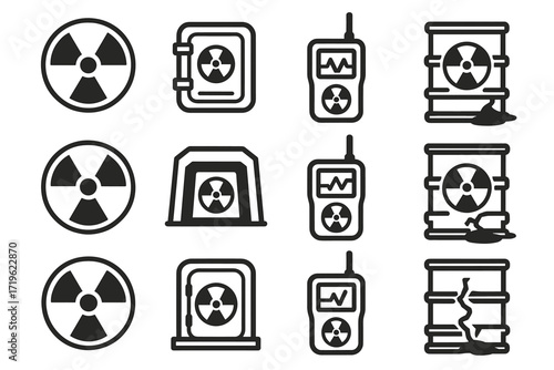 Set of radioactive hazard icons featuring symbols and safety equipment