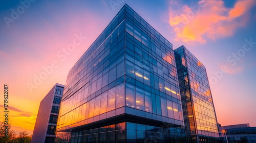 Sunset reflections on modern office building facade. Business center under evening sky