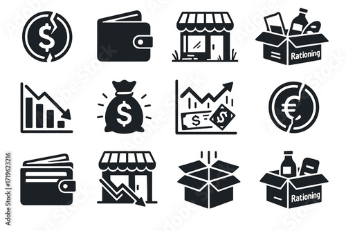 Economic icons set: wallet, inflation, market, rationing, currency trends