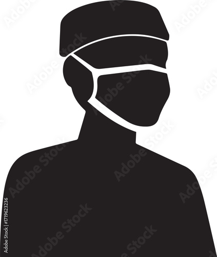 surgeon wearing mask and cap medical silhouette vector, black and white silhouette vector illustration