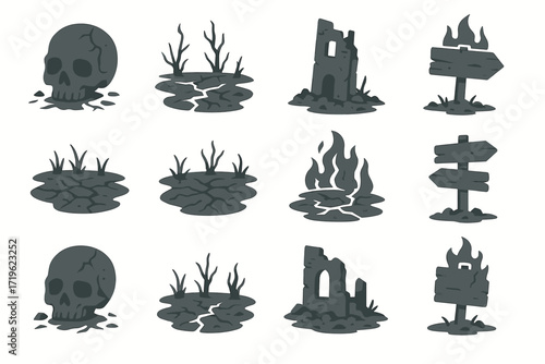 Desolate icon set featuring skulls, ruins, signs, and barren landscapes in dark grey