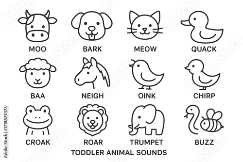 Cartoon animal sounds chart featuring various animal icons and sound labels for kids