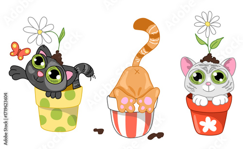 Set cartoon cat in a pot with houseplants. Funny pets vector scene. A cheerful cat hides behind a flower pot, hooligans, jumps on plants.