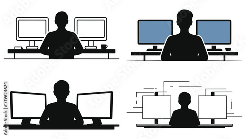 Vector silhouette set of a professional person working at a dual monitor desk. Office worker, programmer, or trader multitasking. Isolated illustrations for remote work concepts