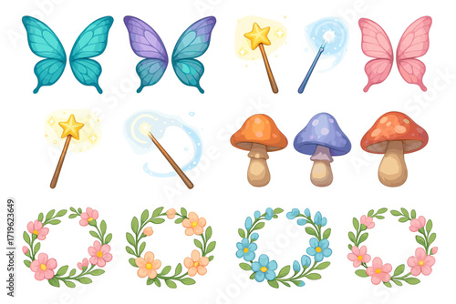 Enchanted fairy elements with wings, wands, mushrooms, and floral wreaths