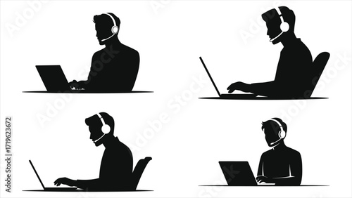 Silhouette of a person wearing a headset and working on a laptop during a video call, representing remote communication, virtual meetings, customer support, online collaboration, and  work-from-home