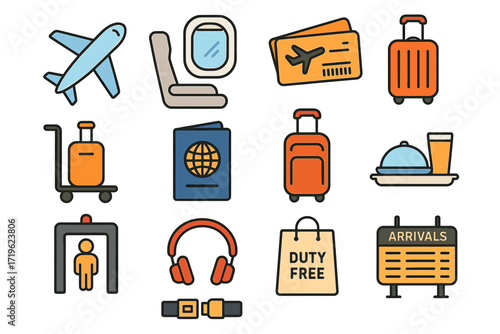 Travel icons: airplane, passport, luggage, boarding pass, airport symbols