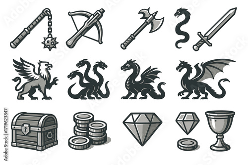 Fantasy weapons and creatures collection featuring gryphon and dragons