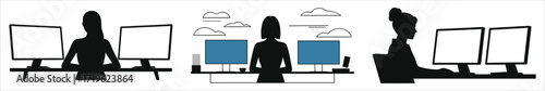 Silhouette of a woman working with dual monitors at a modern desk setup, illustrating productivity, multitasking, remote work, technology , and efficient workspace in a professional office environment