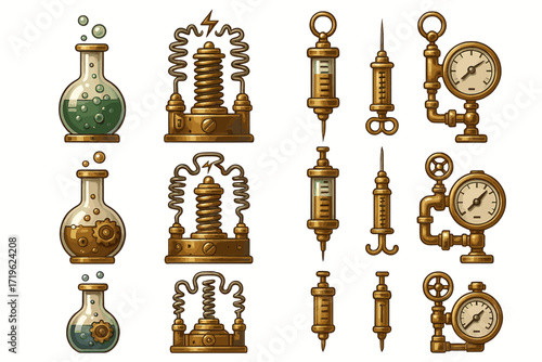 Steampunk laboratory instruments and gadgets with unique designs