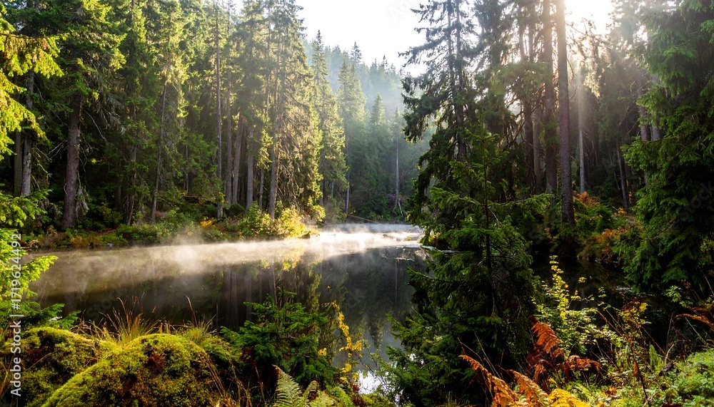 Obraz premium Misty forest lake at dawn