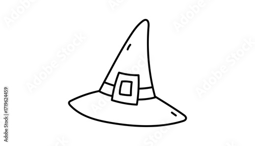 Witchcraft hat shows magic, witch, occult and mystic style. Esoteric notes combine with astrology, tarot and moon symbols. Elements include ritual, divination, zodiac constellations, cosmic stars and 
