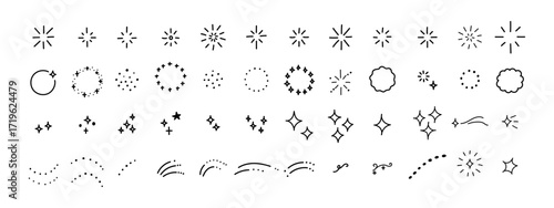 Confetti drawn details add twinkle to star and firework motifs. Emphasis and element shapes bring bling to celebrate icon designs. Line vector graphics with sketch background show simple spark glitter