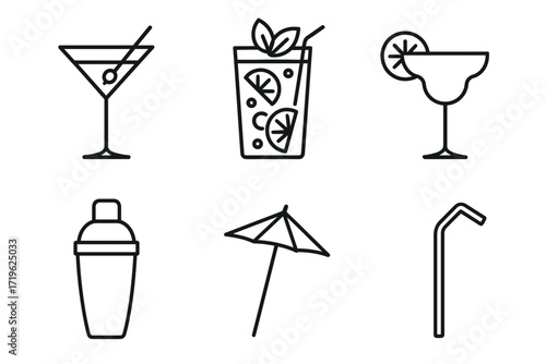 Cocktail icons set: martini, mojito, margarita with shaker, umbrella, straw