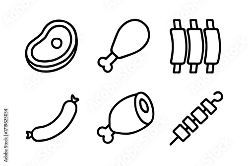 Outline icons of various meat cuts and skewer