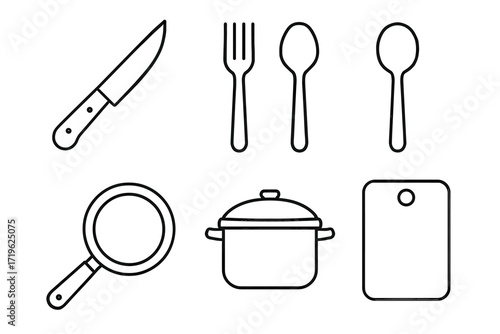 Black and white kitchen utensils: knife, fork, spoon, pan, pot, and cutting board line icons