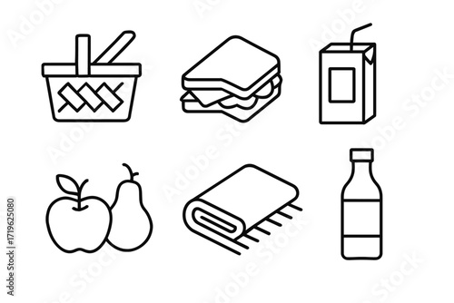 Picnic essentials: basket, sandwich, juice box, fruit, blanket, bottle outline icons