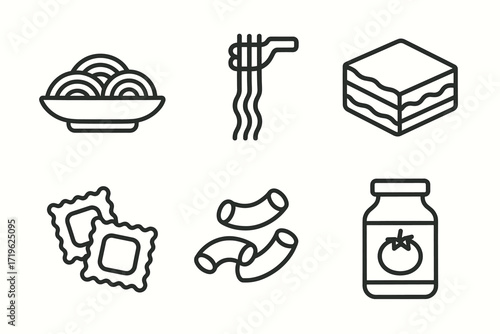 Various pasta icons including lasagna, ravioli, and tomato sauce jar