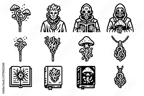 Mystical symbols and characters: fungi, magic, and protective masks in icon art