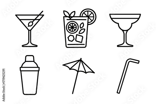 Cocktail icon set with martini margarita shaker umbrella and straw