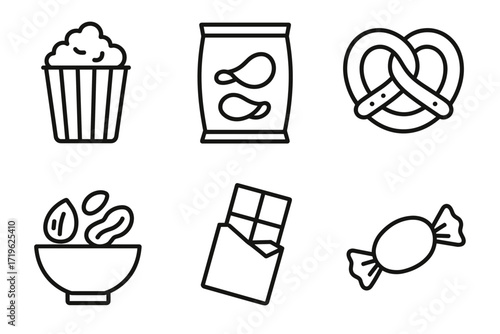 Snack icons collection: popcorn, chips, pretzel, nuts, chocolate, candy