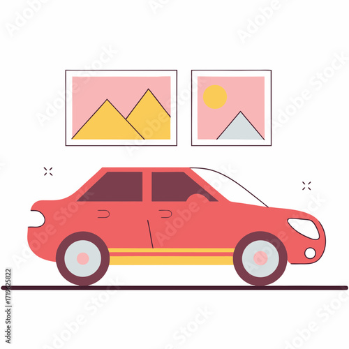 Colorful car beside contemporary art pieces in a modern space