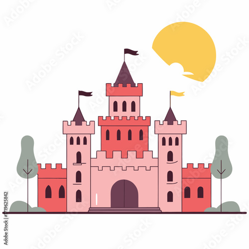 Colorful castle at sunset surrounded by trees with flags waving in the breeze