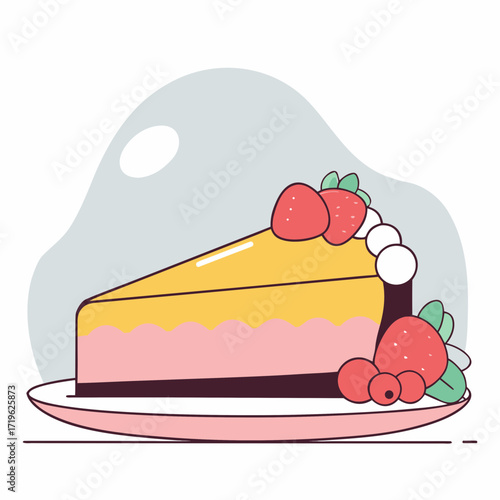 Delightful cake slice with fresh berries presented on a plate against a soft background