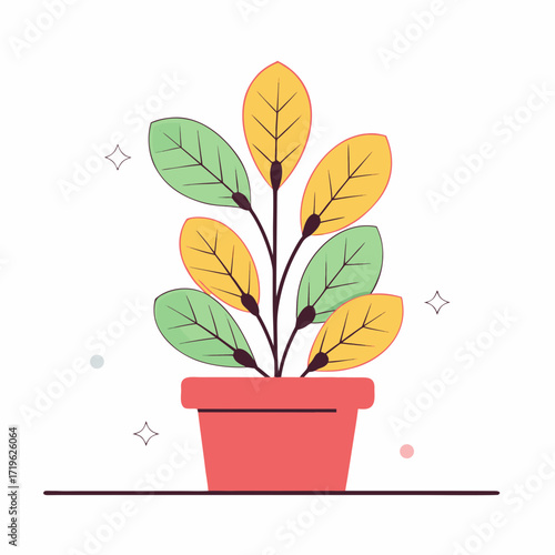 Colorful indoor plant in a red pot with green and yellow leaves placed on a simple background