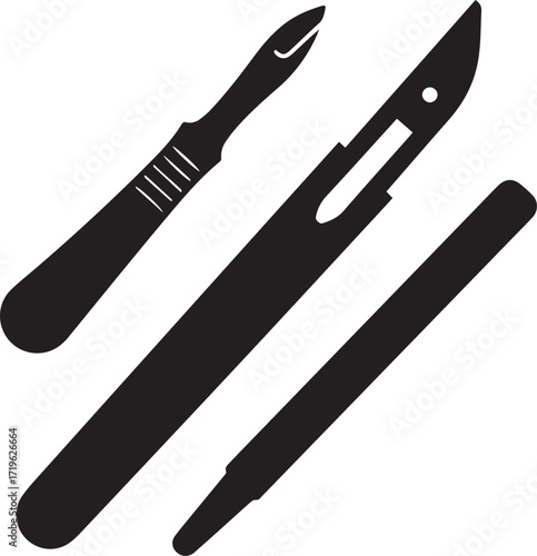 surgical scalpel tool, surgical instrument medical silhouette vector, black and white silhouette vector illustration