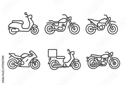 Collection of minimalist motorcycle and scooter line art illustrations