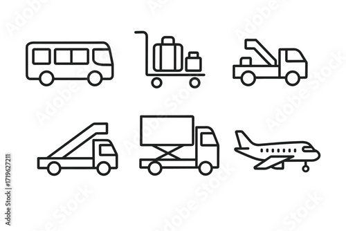 Airport ground services icons: bus, luggage, aircraft steps, cargo, airplane