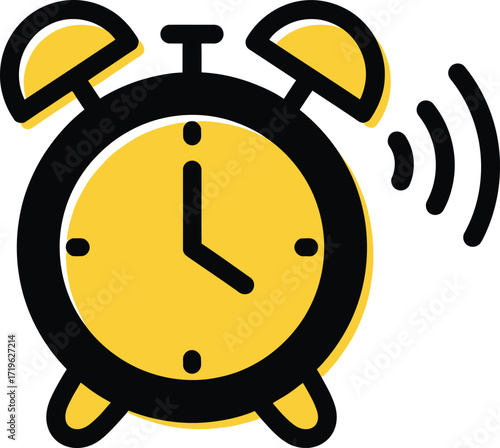 Cartoon alarm clock ringing loudly with sound waves