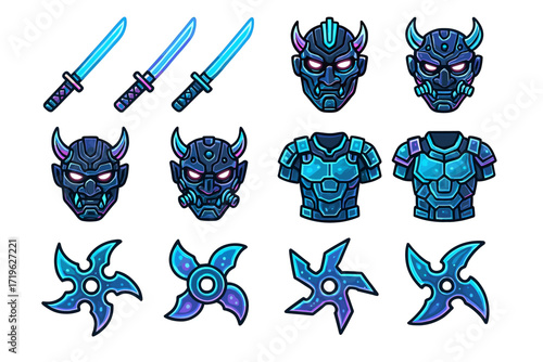 Futuristic cyber ninja gear collection: helmets, armor, swords, shurikens