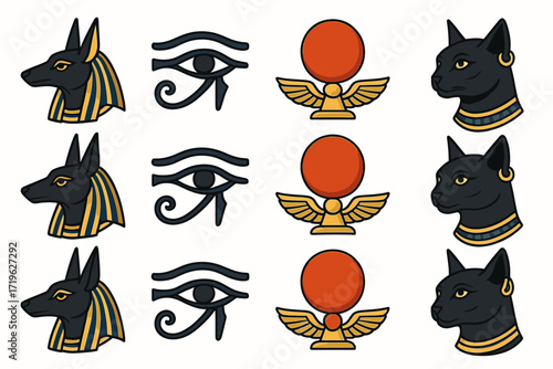 Ancient egyptian symbols: anubis, eye of horus, ra sun disk, bastet cat depictions